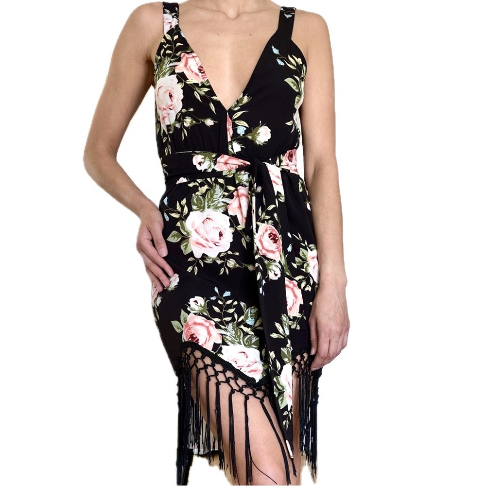 PrettyLittleThing Black Floral V-Neck Fringe Wrap Mini Dress